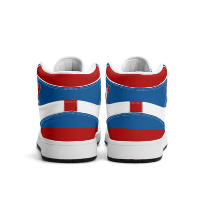 New York football-inspired high top sneakers in classic city colors with all-over graphic printed upper