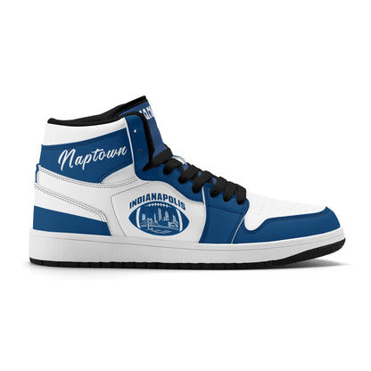 Indianapolis football-inspired Jamrock High top sneakers in royal blue and white with Naptown script collar and skyline artwork inside a football