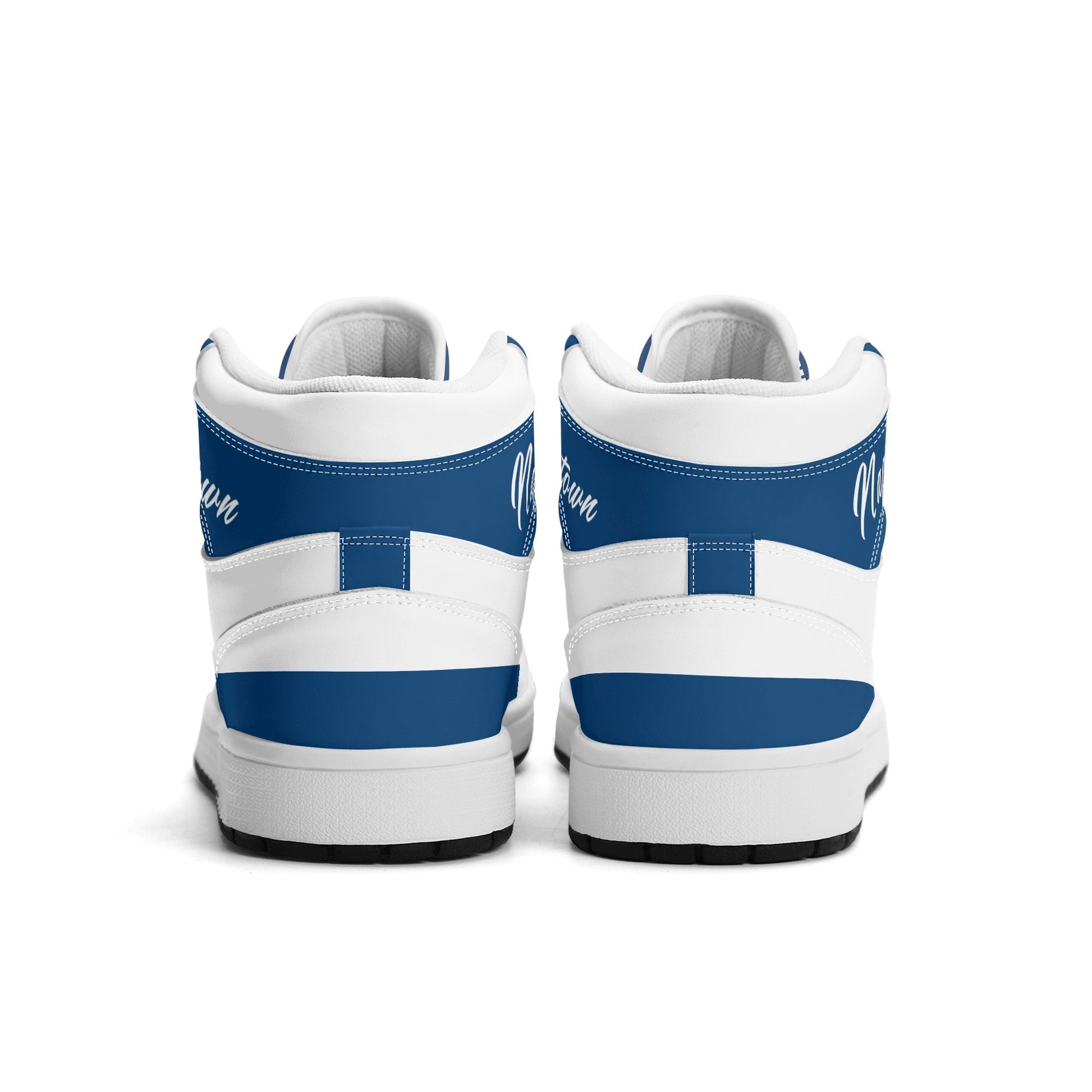 Indianapolis football-inspired Jamrock High top sneakers in royal blue and white with Naptown script collar and skyline artwork inside a football