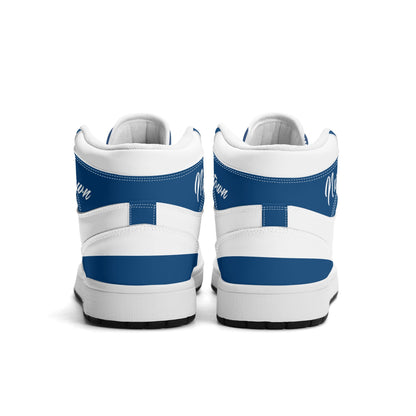 Indianapolis football-inspired Jamrock High top sneakers in royal blue and white with Naptown script collar and skyline artwork inside a football