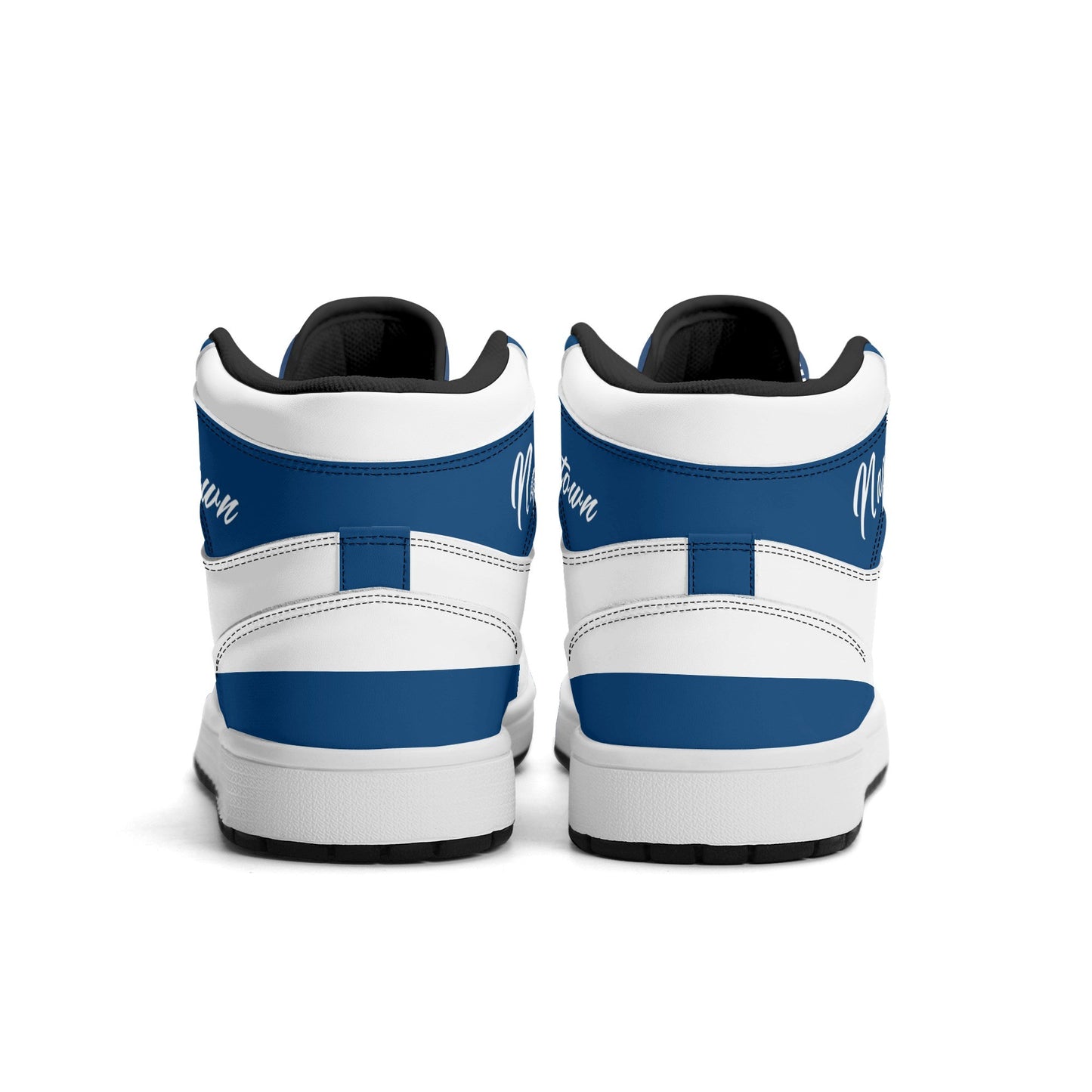 Indianapolis football-inspired Jamrock High top sneakers in royal blue and white with Naptown script collar and skyline artwork inside a football