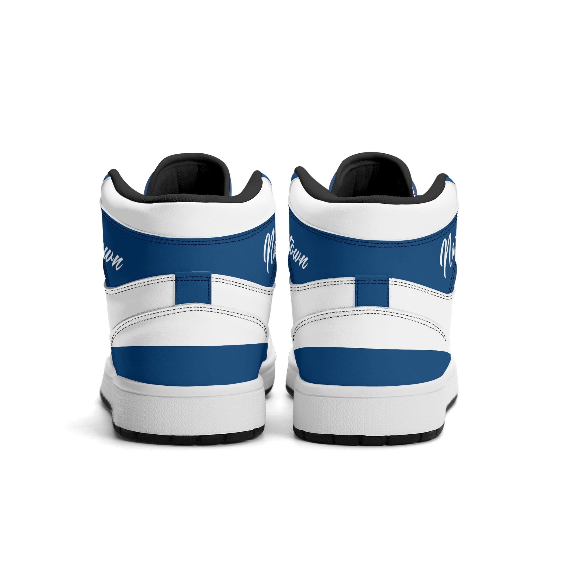 Indianapolis football-inspired Jamrock High top sneakers in royal blue and white with Naptown script collar and skyline artwork inside a football