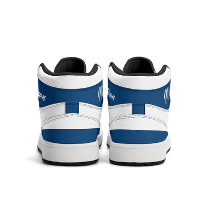 Indianapolis football-inspired Jamrock High top sneakers in royal blue and white with Naptown script collar and skyline artwork inside a football