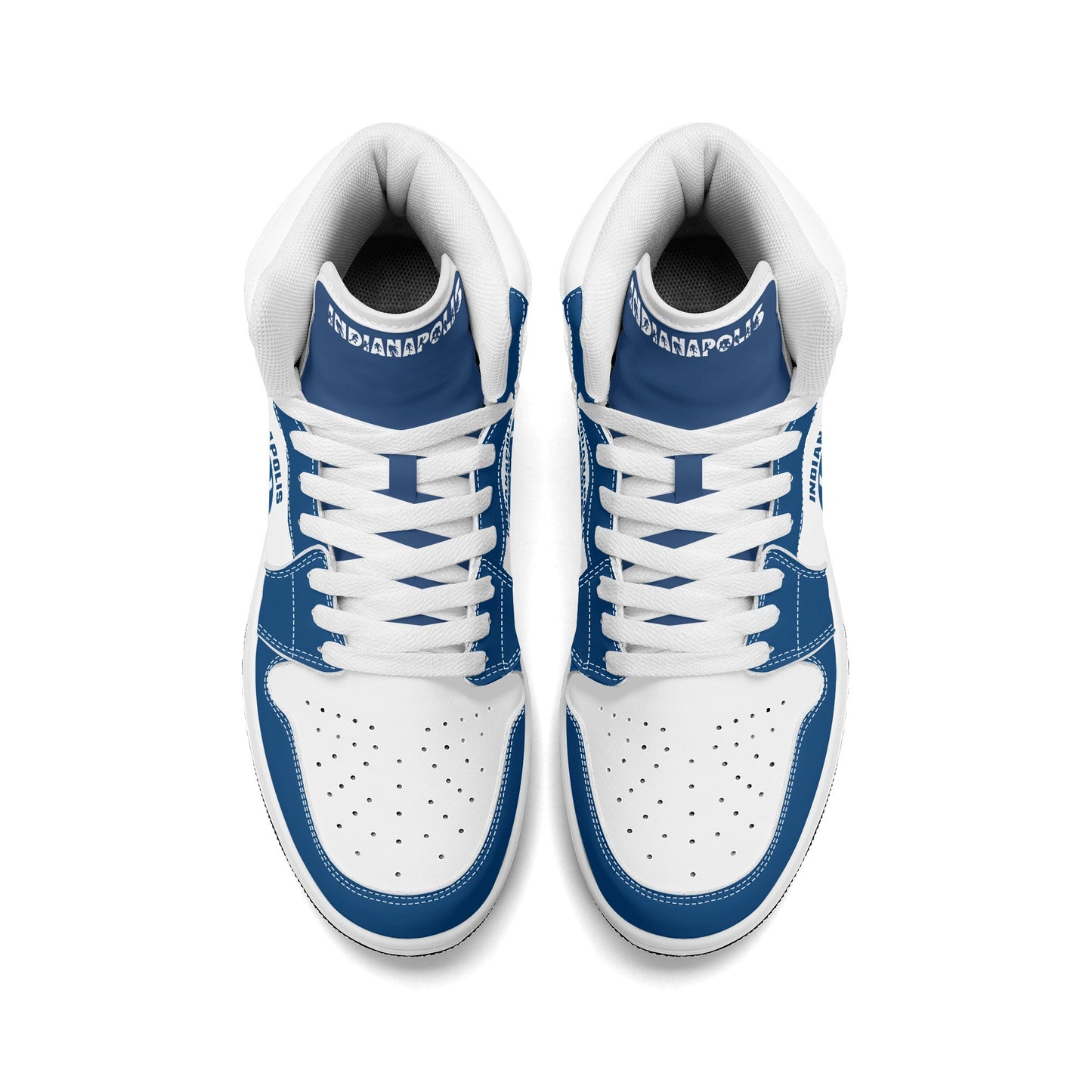 Indianapolis football-inspired Jamrock High top sneakers in royal blue and white with Naptown script collar and skyline artwork inside a football