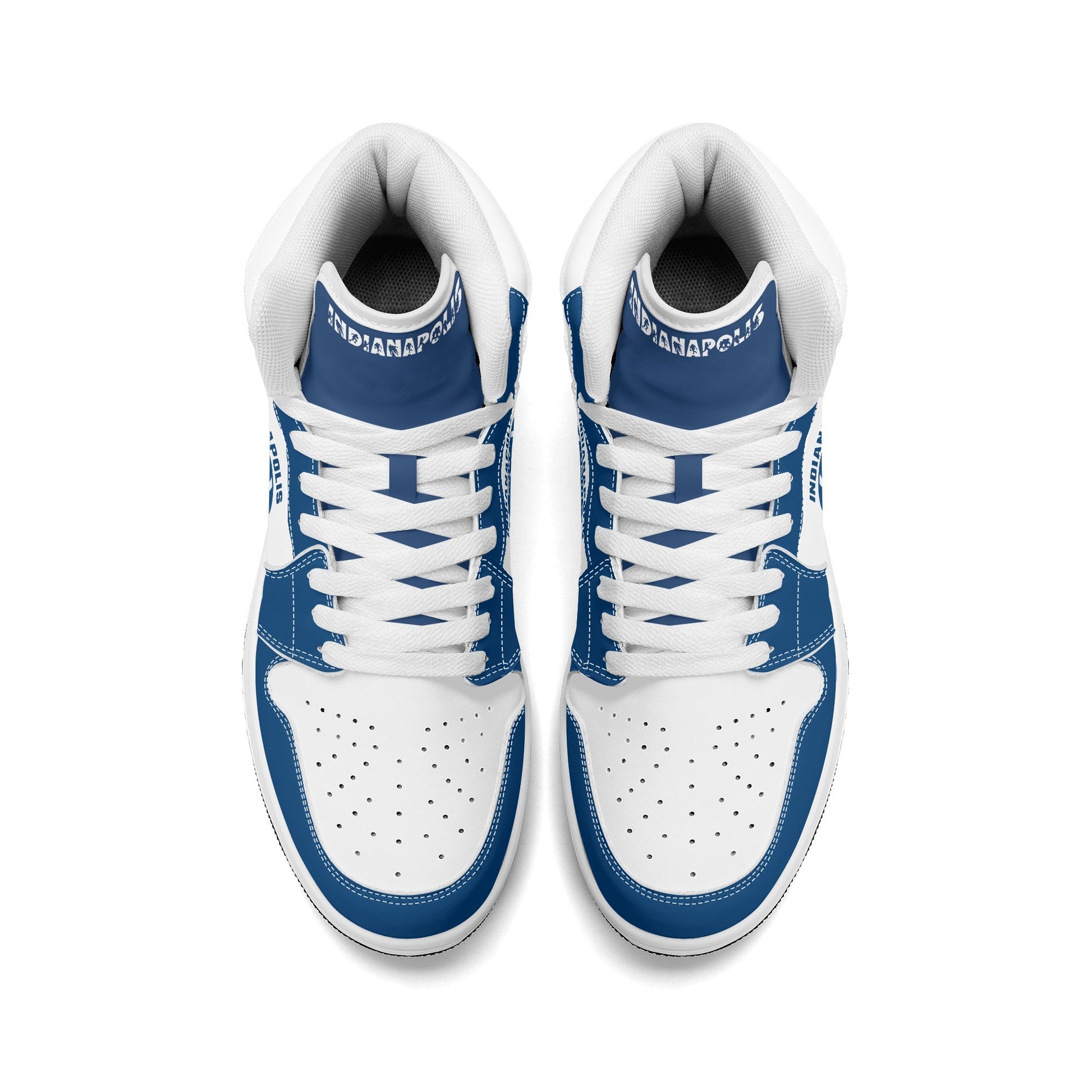 Indianapolis football-inspired Jamrock High top sneakers in royal blue and white with Naptown script collar and skyline artwork inside a football
