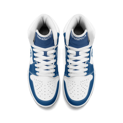 Indianapolis football-inspired Jamrock High top sneakers in royal blue and white with Naptown script collar and skyline artwork inside a football