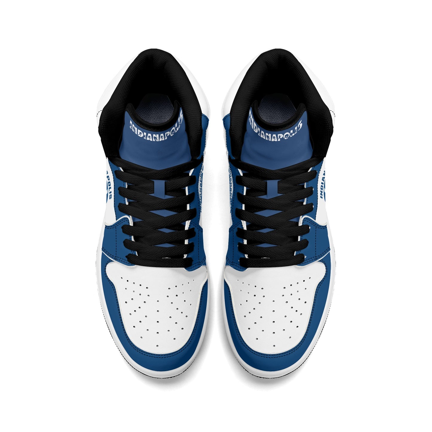 Indianapolis football-inspired Jamrock High top sneakers in royal blue and white with Naptown script collar and skyline artwork inside a football