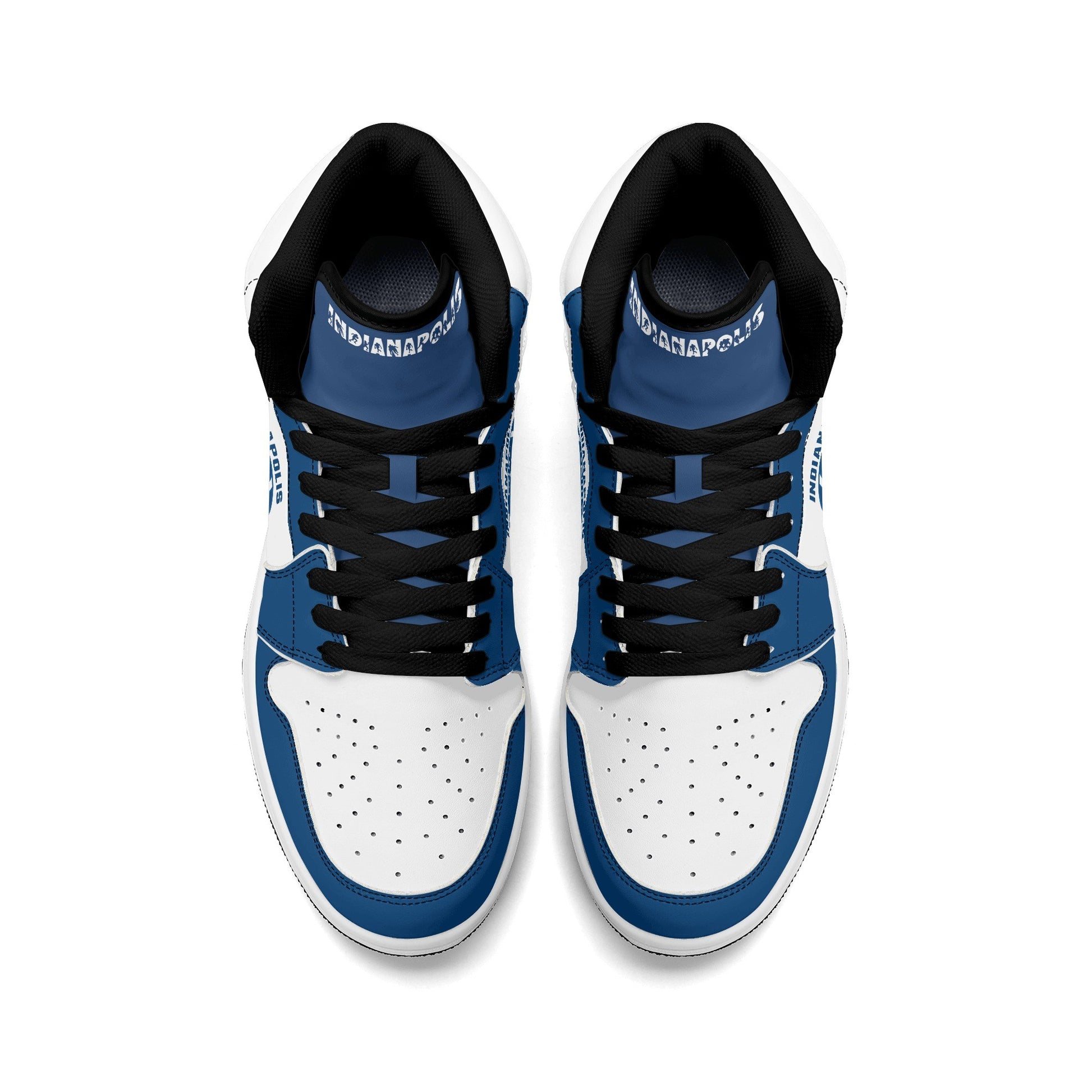 Indianapolis football-inspired Jamrock High top sneakers in royal blue and white with Naptown script collar and skyline artwork inside a football