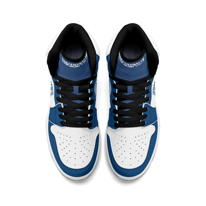 Indianapolis football-inspired Jamrock High top sneakers in royal blue and white with Naptown script collar and skyline artwork inside a football