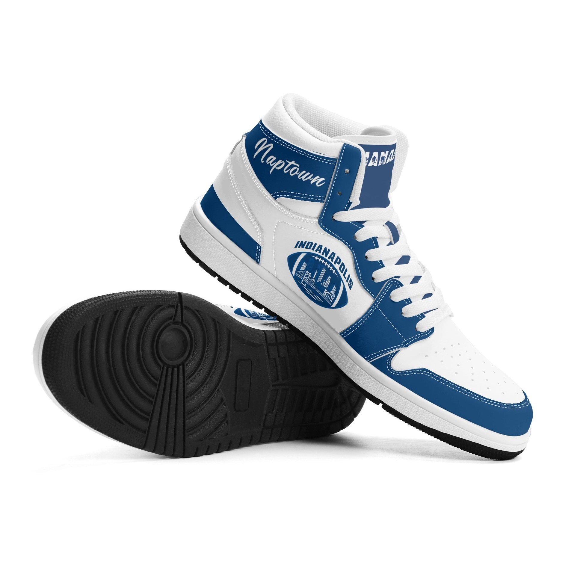 Indianapolis football-inspired Jamrock High top sneakers in royal blue and white with Naptown script collar and skyline artwork inside a football