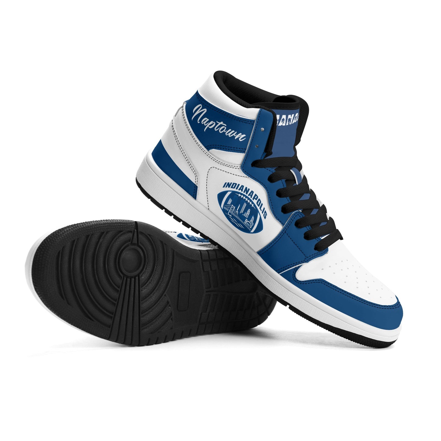 Indianapolis football-inspired Jamrock High top sneakers in royal blue and white with Naptown script collar and skyline artwork inside a football