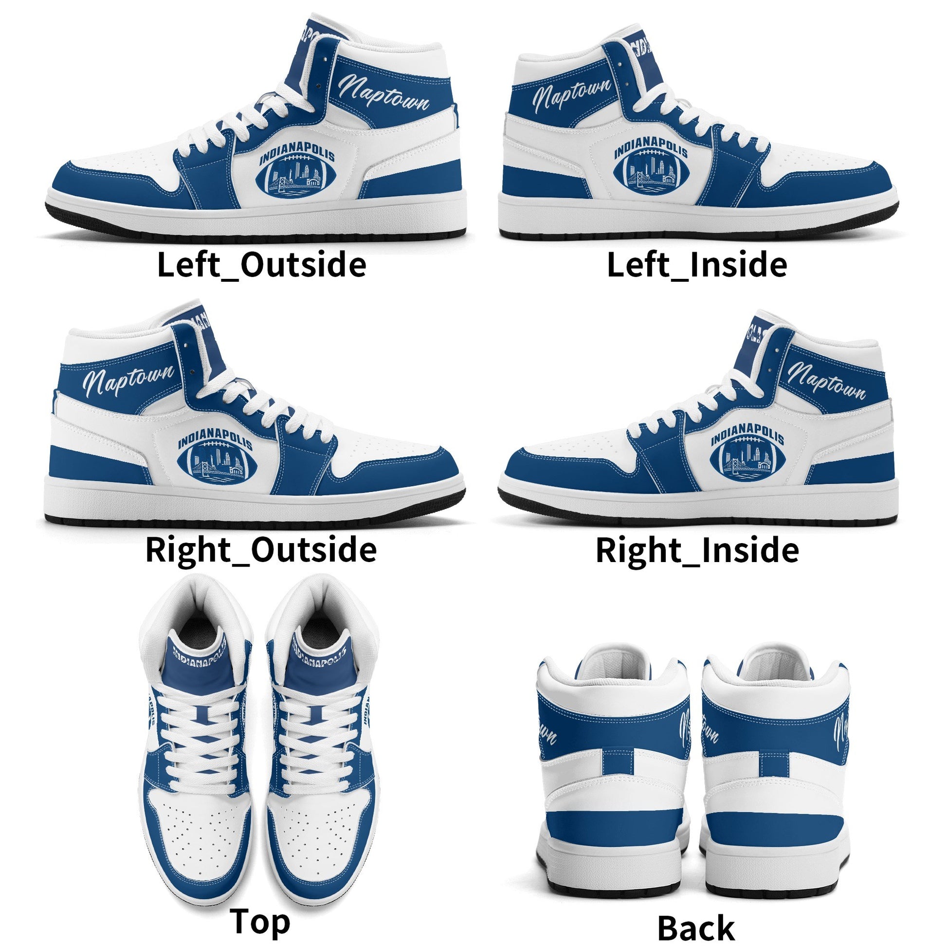 Indianapolis football-inspired Jamrock High top sneakers in royal blue and white with Naptown script collar and skyline artwork inside a football