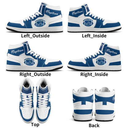 Indianapolis football-inspired Jamrock High top sneakers in royal blue and white with Naptown script collar and skyline artwork inside a football
