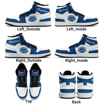 Indianapolis football-inspired Jamrock High top sneakers in royal blue and white with Naptown script collar and skyline artwork inside a football
