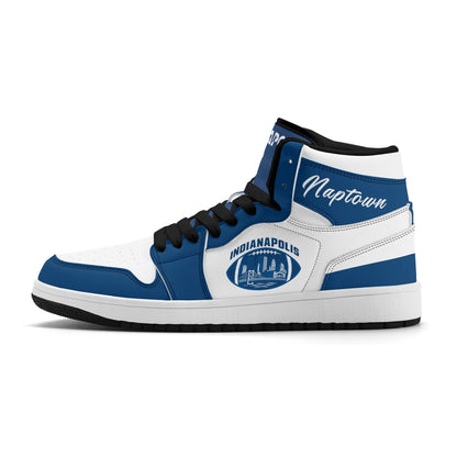 Indianapolis football-inspired Jamrock High top sneakers in royal blue and white with Naptown script collar and skyline artwork inside a football