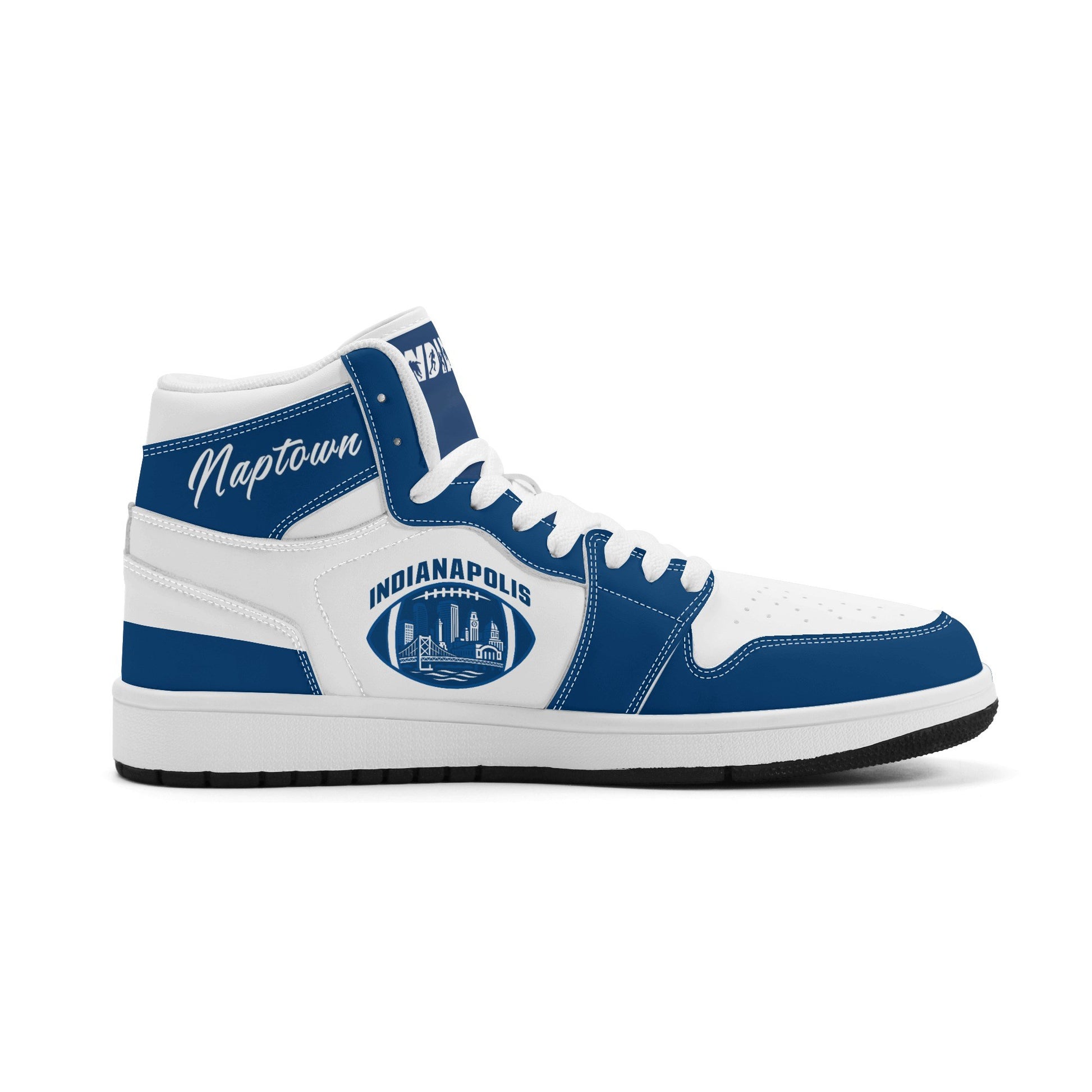 Indianapolis football-inspired Jamrock High top sneakers in royal blue and white with Naptown script collar and skyline artwork inside a football