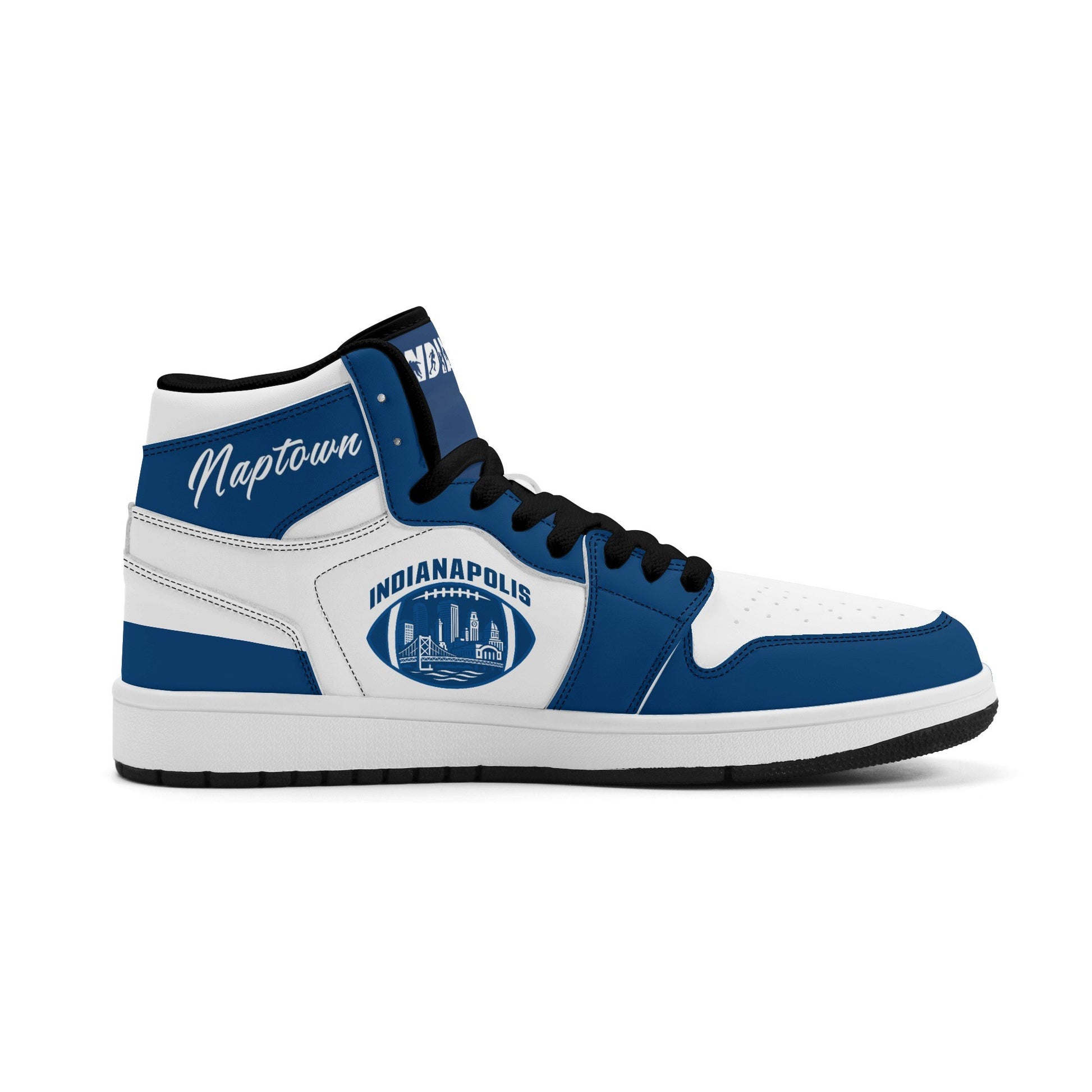Indianapolis football-inspired Jamrock High top sneakers in royal blue and white with Naptown script collar and skyline artwork inside a football