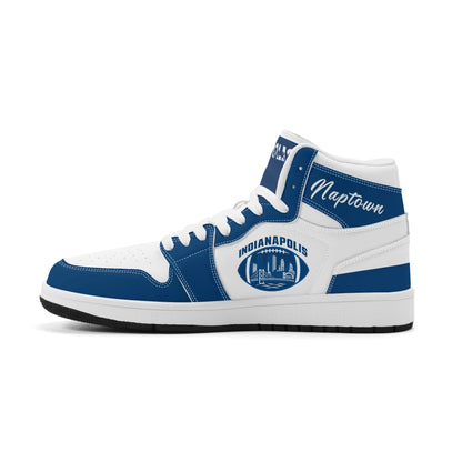 Indianapolis football-inspired Jamrock High top sneakers in royal blue and white with Naptown script collar and skyline artwork inside a football
