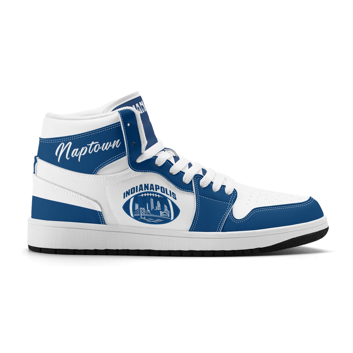 Indianapolis football-inspired Jamrock High top sneakers in royal blue and white with Naptown script collar and skyline artwork inside a football