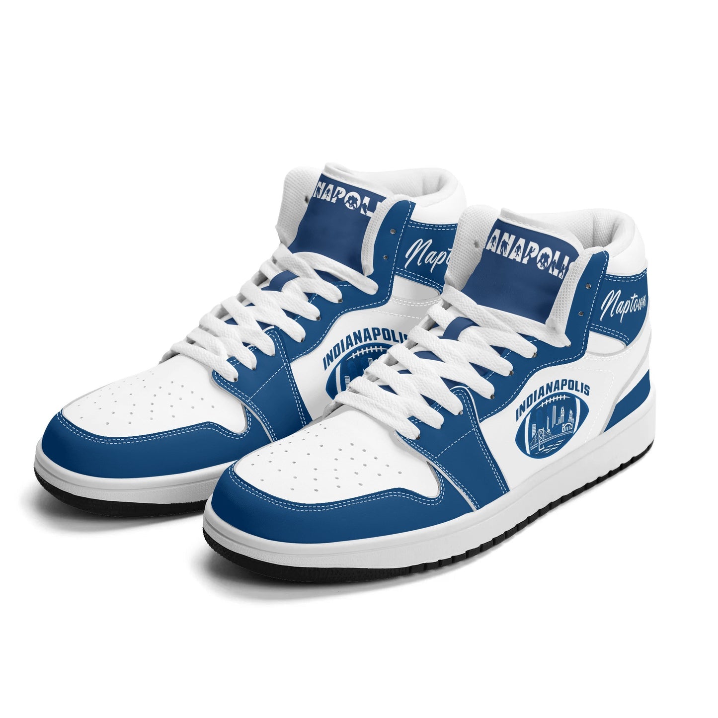 Indianapolis football-inspired Jamrock High top sneakers in royal blue and white with Naptown script collar and skyline artwork inside a football