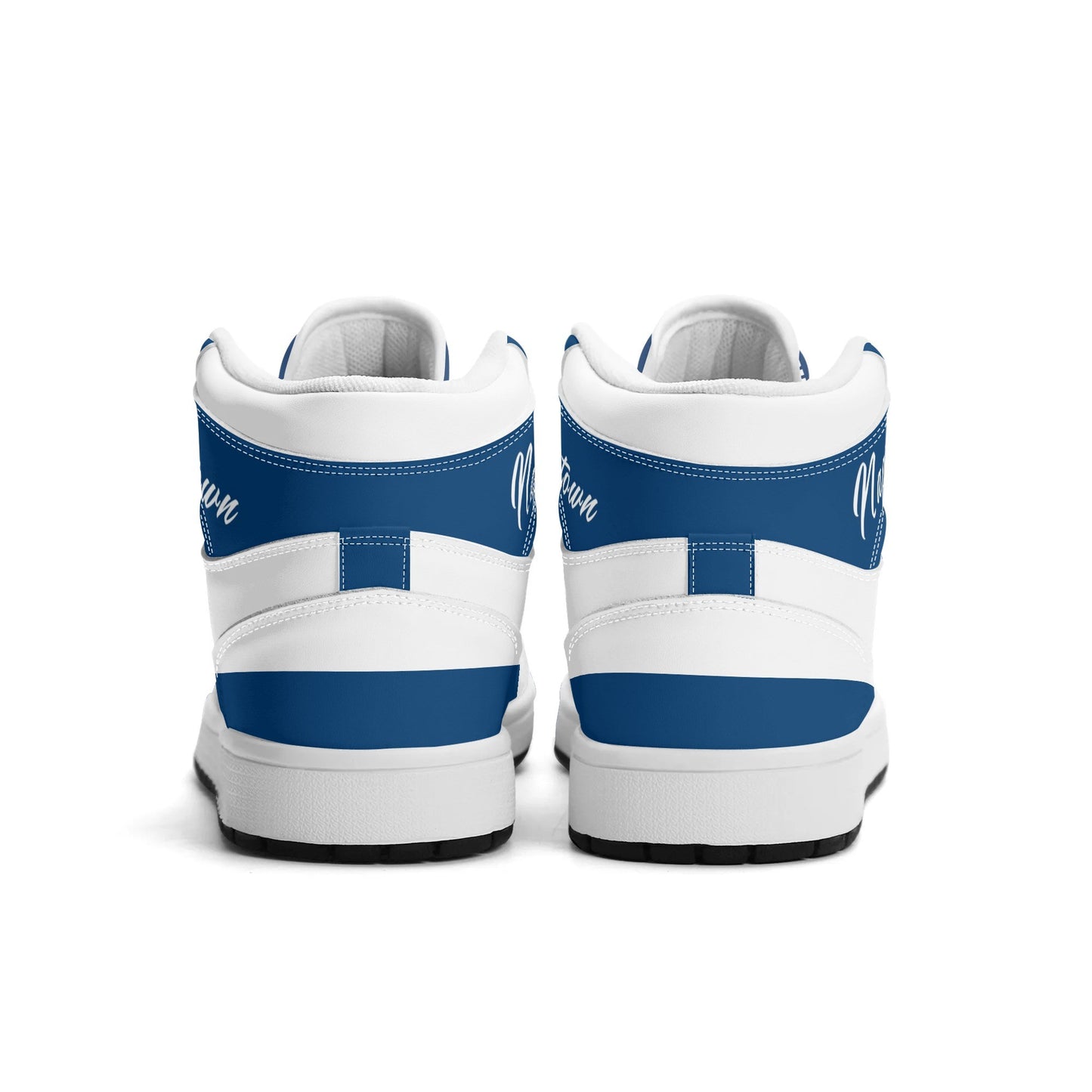 Indianapolis football-inspired Jamrock High top sneakers in royal blue and white with Naptown script collar and skyline artwork inside a football