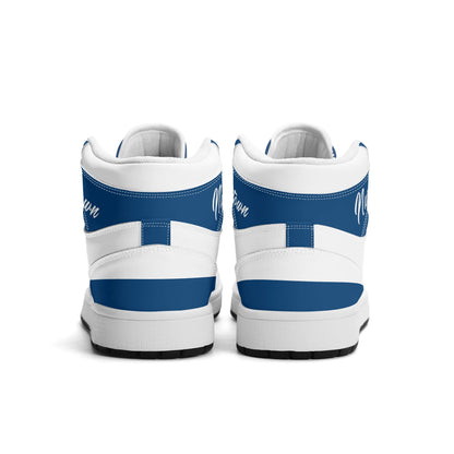 Indianapolis football-inspired Jamrock High top sneakers in royal blue and white with Naptown script collar and skyline artwork inside a football