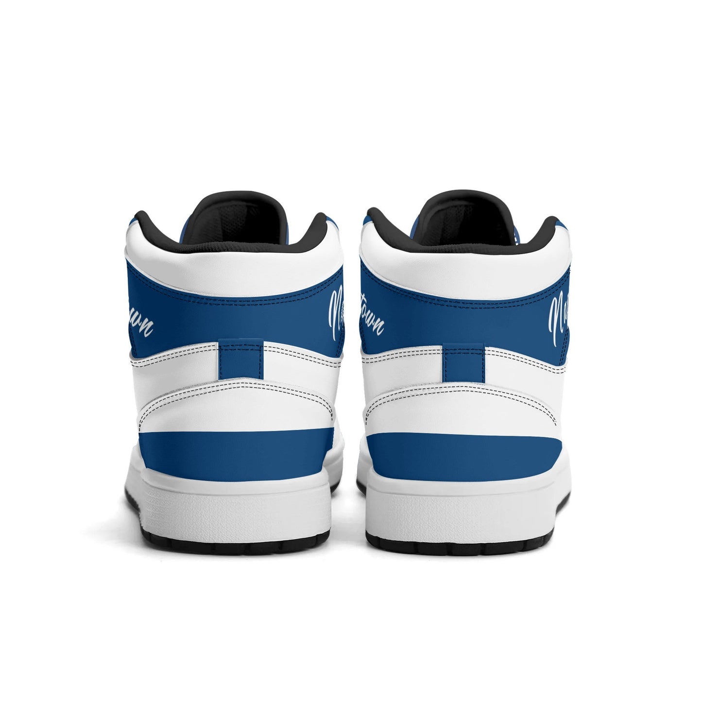 Indianapolis football-inspired Jamrock High top sneakers in royal blue and white with Naptown script collar and skyline artwork inside a football