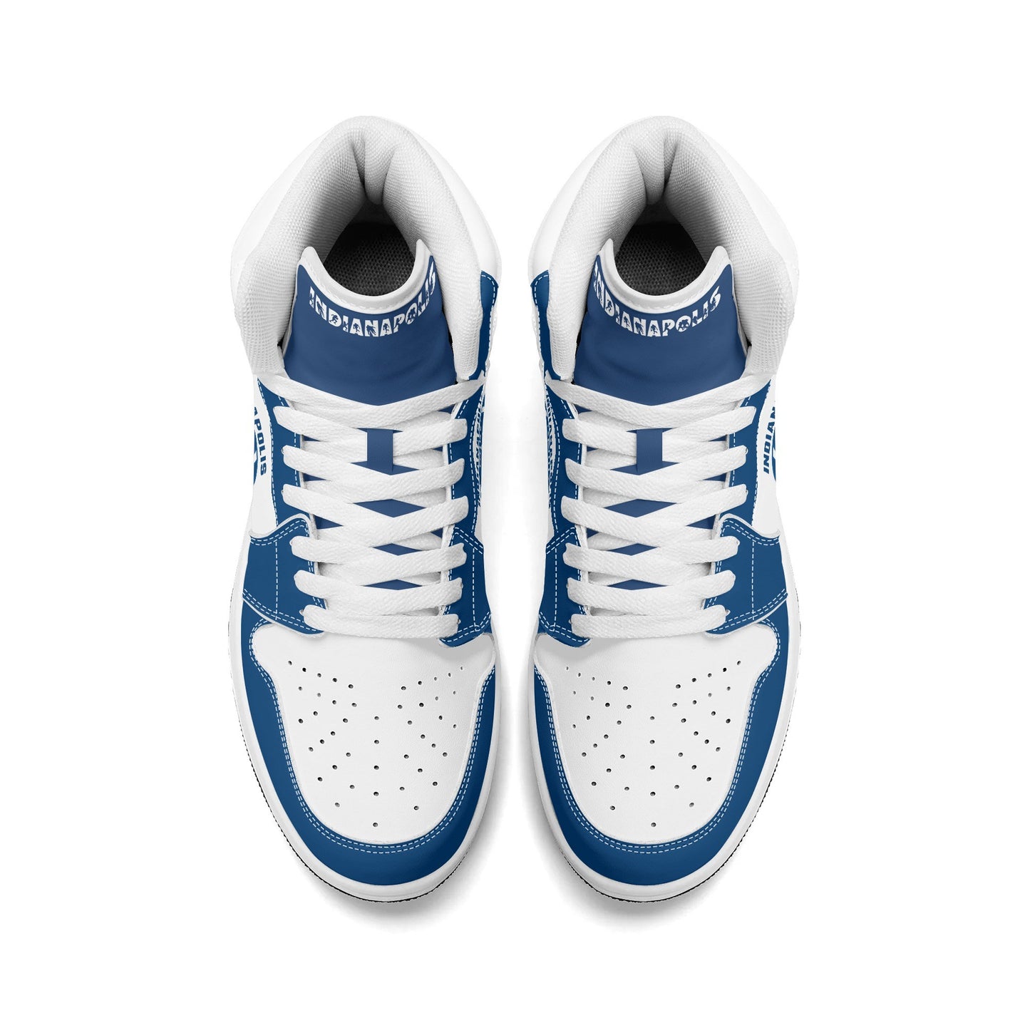 Indianapolis football-inspired Jamrock High top sneakers in royal blue and white with Naptown script collar and skyline artwork inside a football