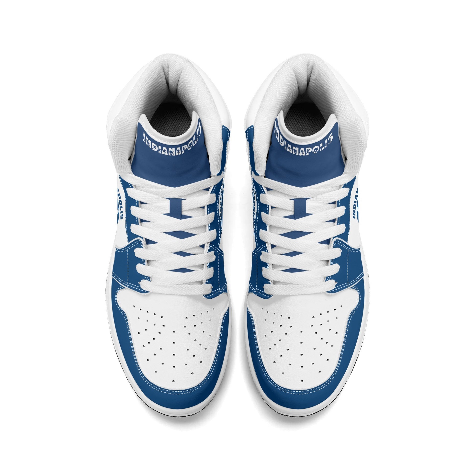 Indianapolis football-inspired Jamrock High top sneakers in royal blue and white with Naptown script collar and skyline artwork inside a football