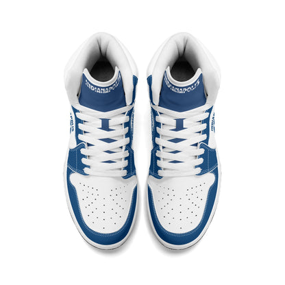 Indianapolis football-inspired Jamrock High top sneakers in royal blue and white with Naptown script collar and skyline artwork inside a football