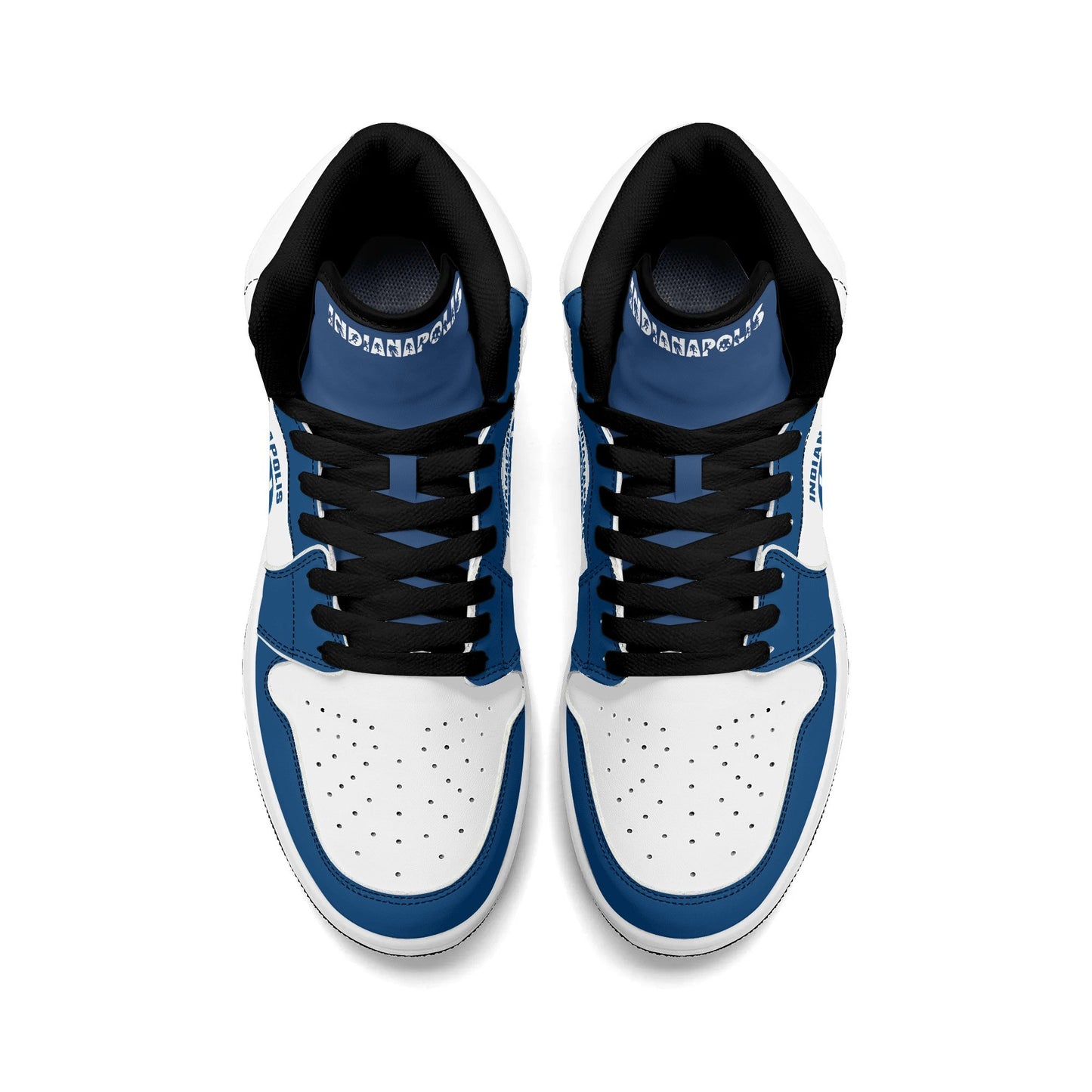 Indianapolis football-inspired Jamrock High top sneakers in royal blue and white with Naptown script collar and skyline artwork inside a football