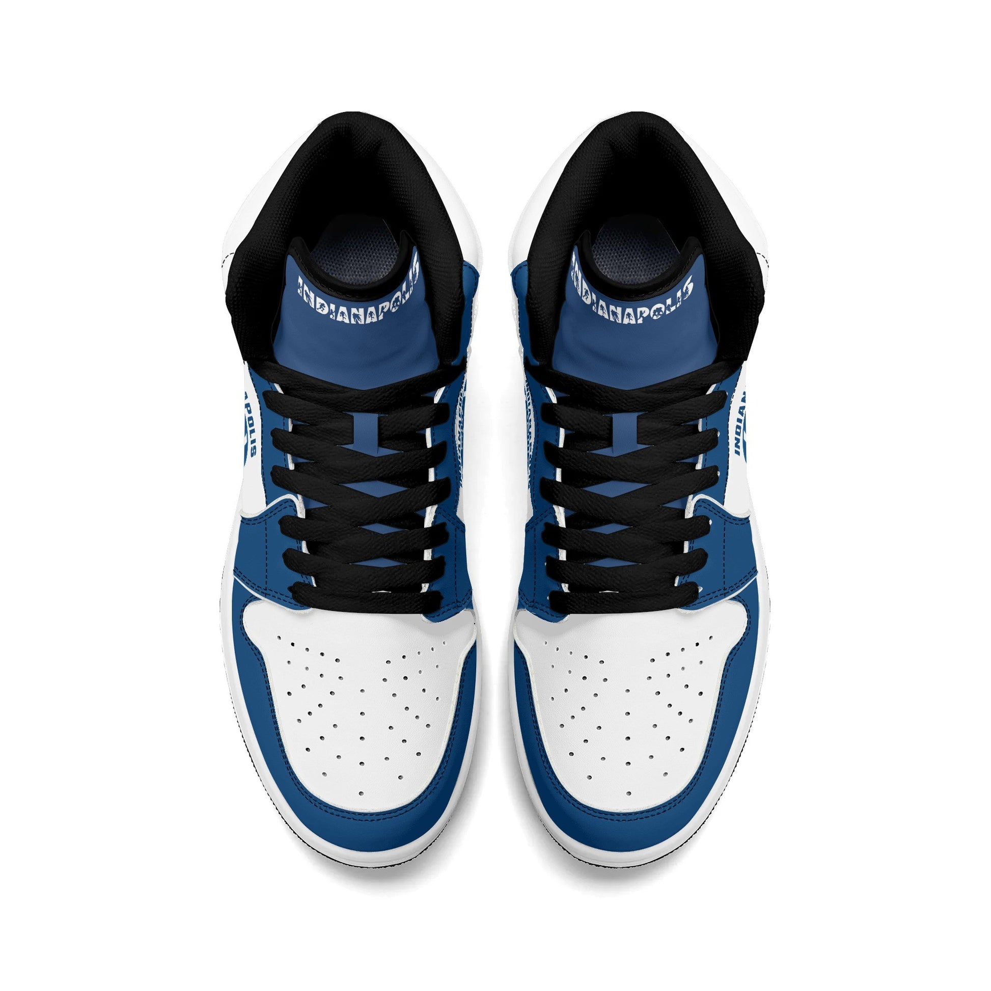 Indianapolis football-inspired Jamrock High top sneakers in royal blue and white with Naptown script collar and skyline artwork inside a football