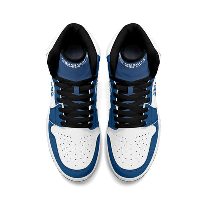 Indianapolis football-inspired Jamrock High top sneakers in royal blue and white with Naptown script collar and skyline artwork inside a football