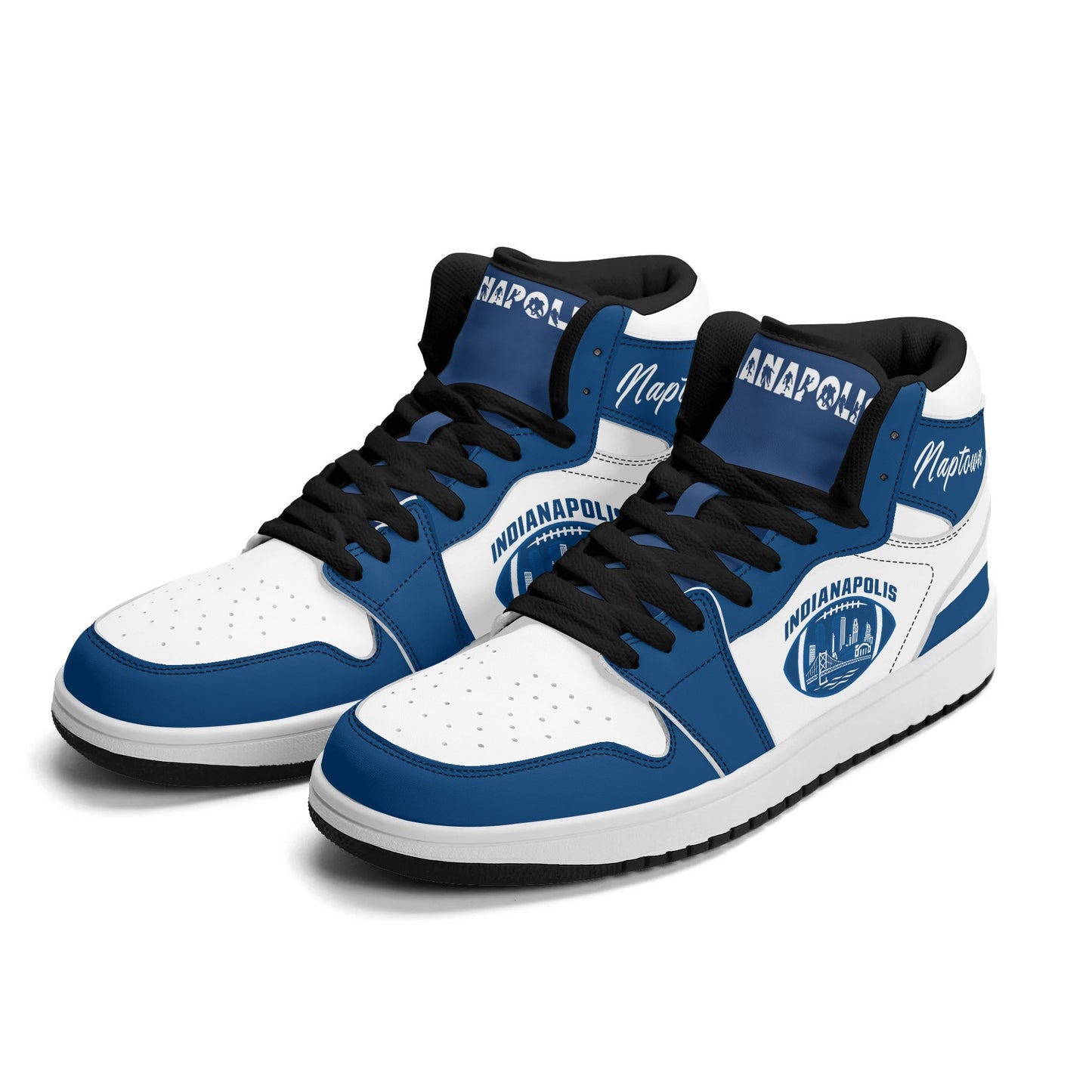 Indianapolis football-inspired Jamrock High top sneakers in royal blue and white with Naptown script collar and skyline artwork inside a football