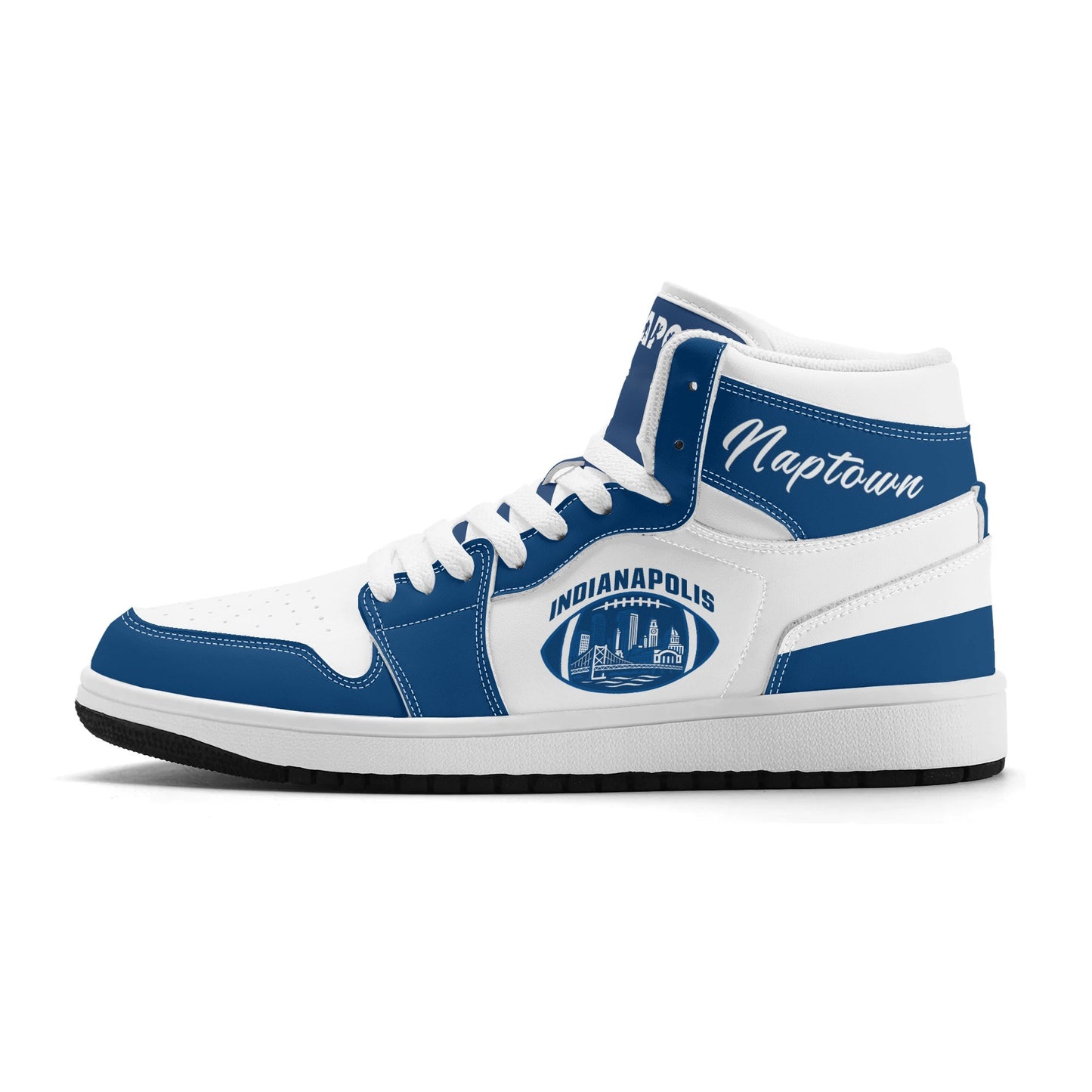 Indianapolis football-inspired Jamrock High top sneakers in royal blue and white with Naptown script collar and skyline artwork inside a football