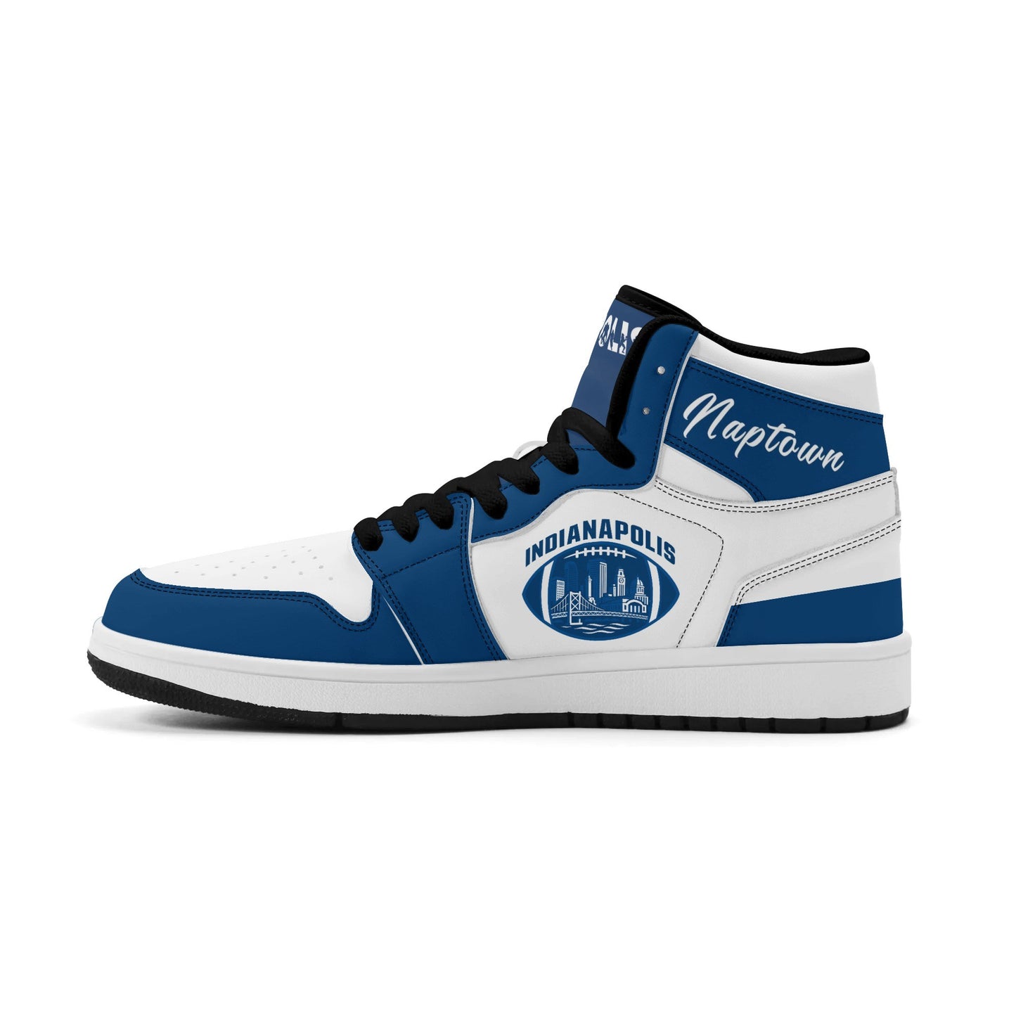 Indianapolis football-inspired Jamrock High top sneakers in royal blue and white with Naptown script collar and skyline artwork inside a football