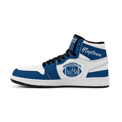 Indianapolis football-inspired Jamrock High top sneakers in royal blue and white with Naptown script collar and skyline artwork inside a football