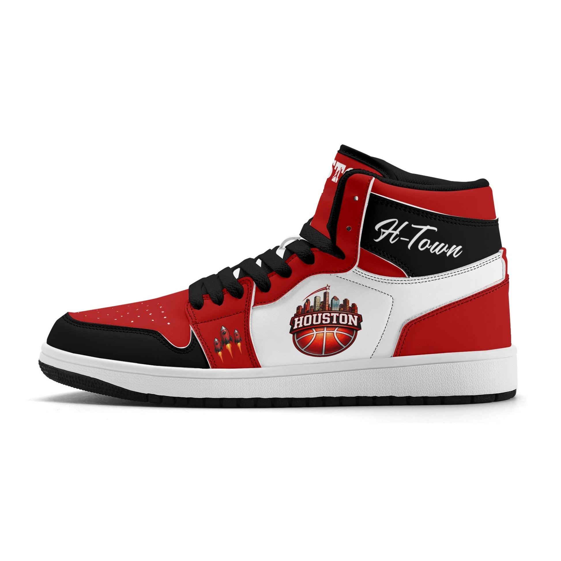 Houston basketball-inspired high top sneakers in white with all-over city graphic printed upper