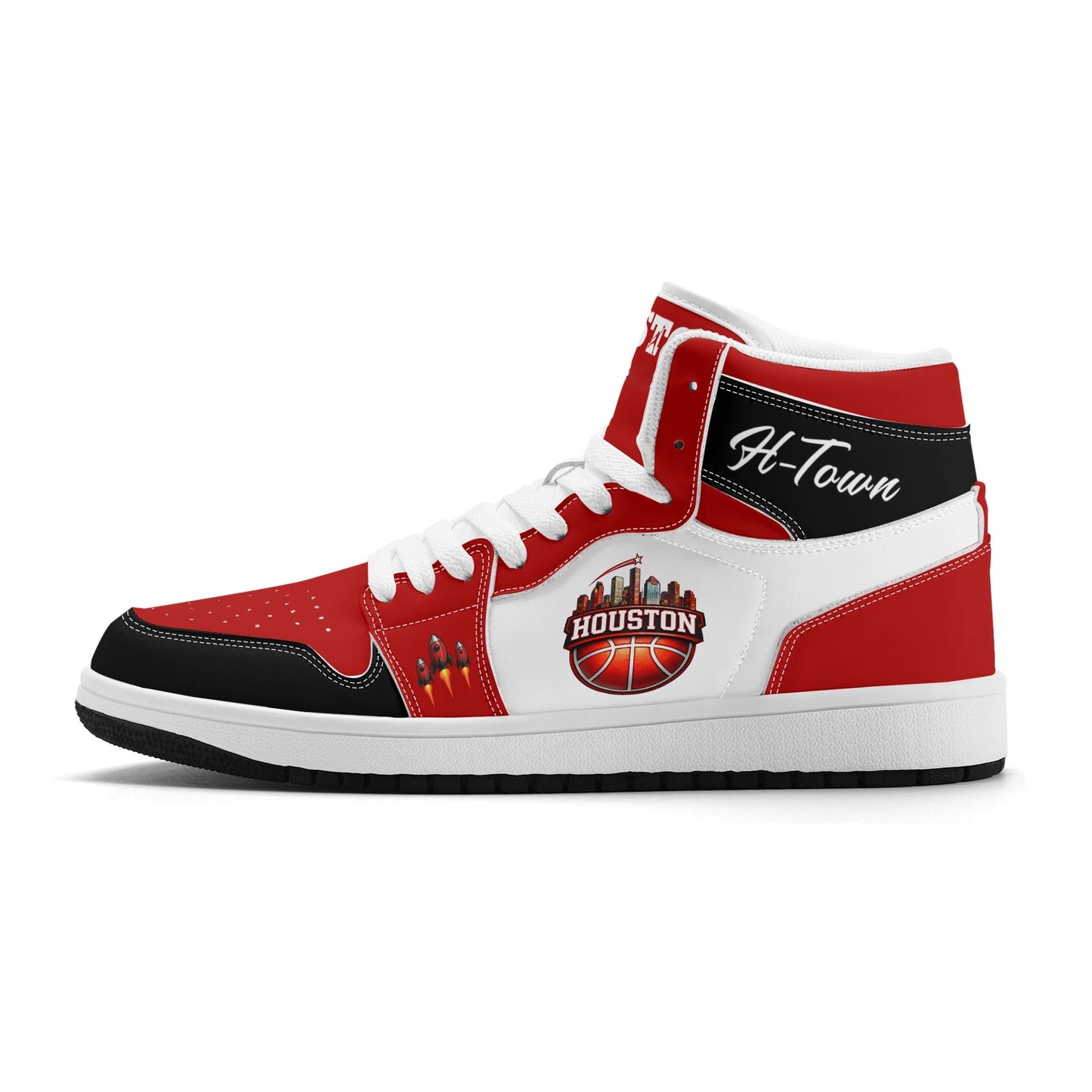 Houston basketball-inspired high top sneakers in white with all-over city graphic printed upper