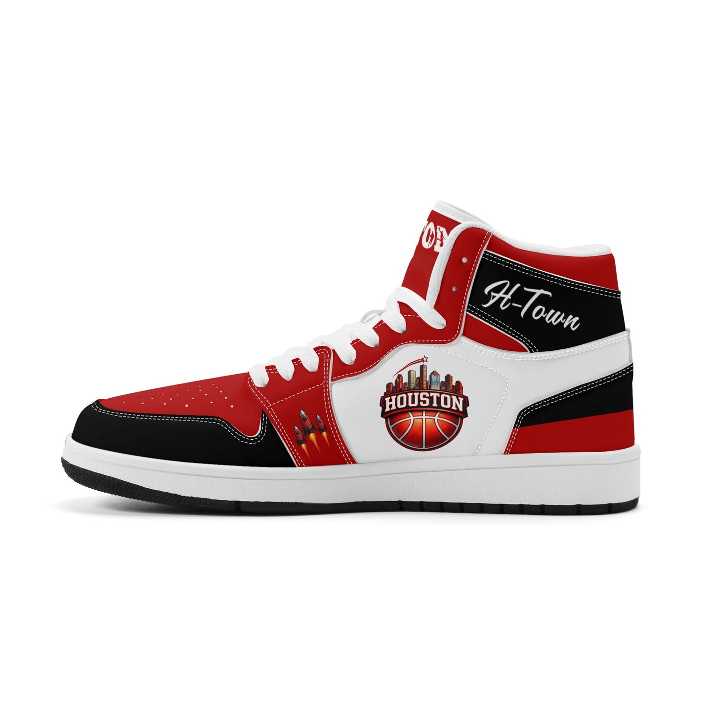 Houston basketball-inspired high top sneakers in white with all-over city graphic printed upper