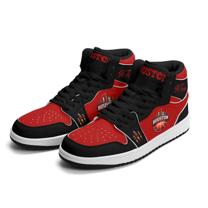 Houston basketball-inspired high top sneakers in red with all-over city graphic printed upper