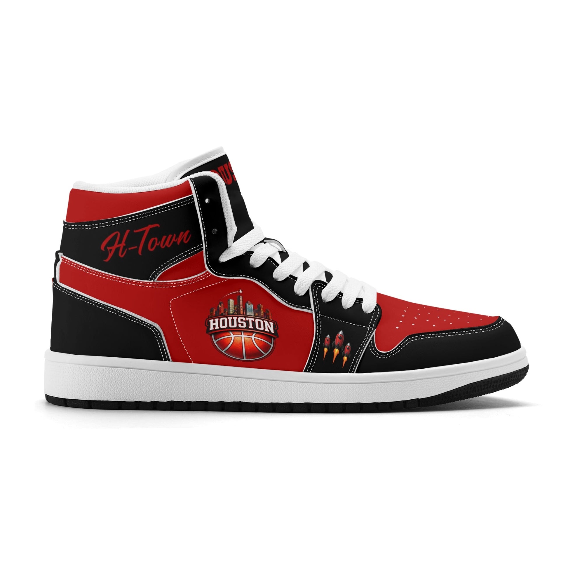 Houston basketball-inspired high top sneakers in red with all-over city graphic printed upper