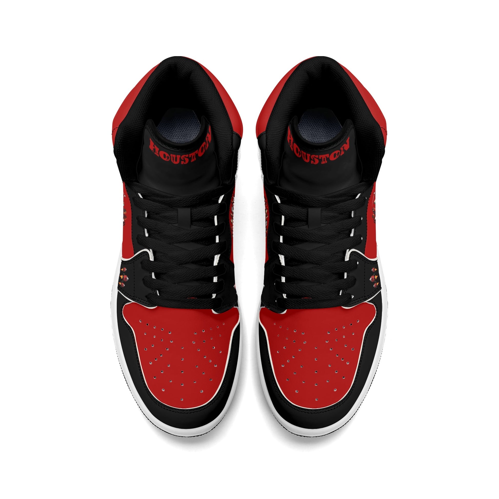 Houston basketball-inspired high top sneakers in red with all-over city graphic printed upper