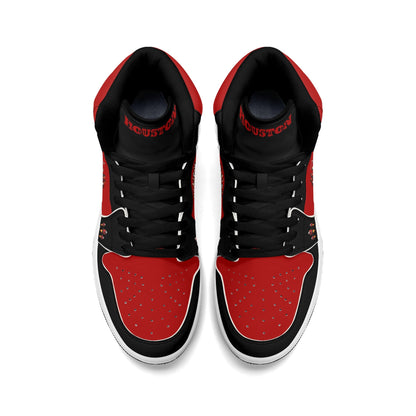 Houston basketball-inspired high top sneakers in red with all-over city graphic printed upper