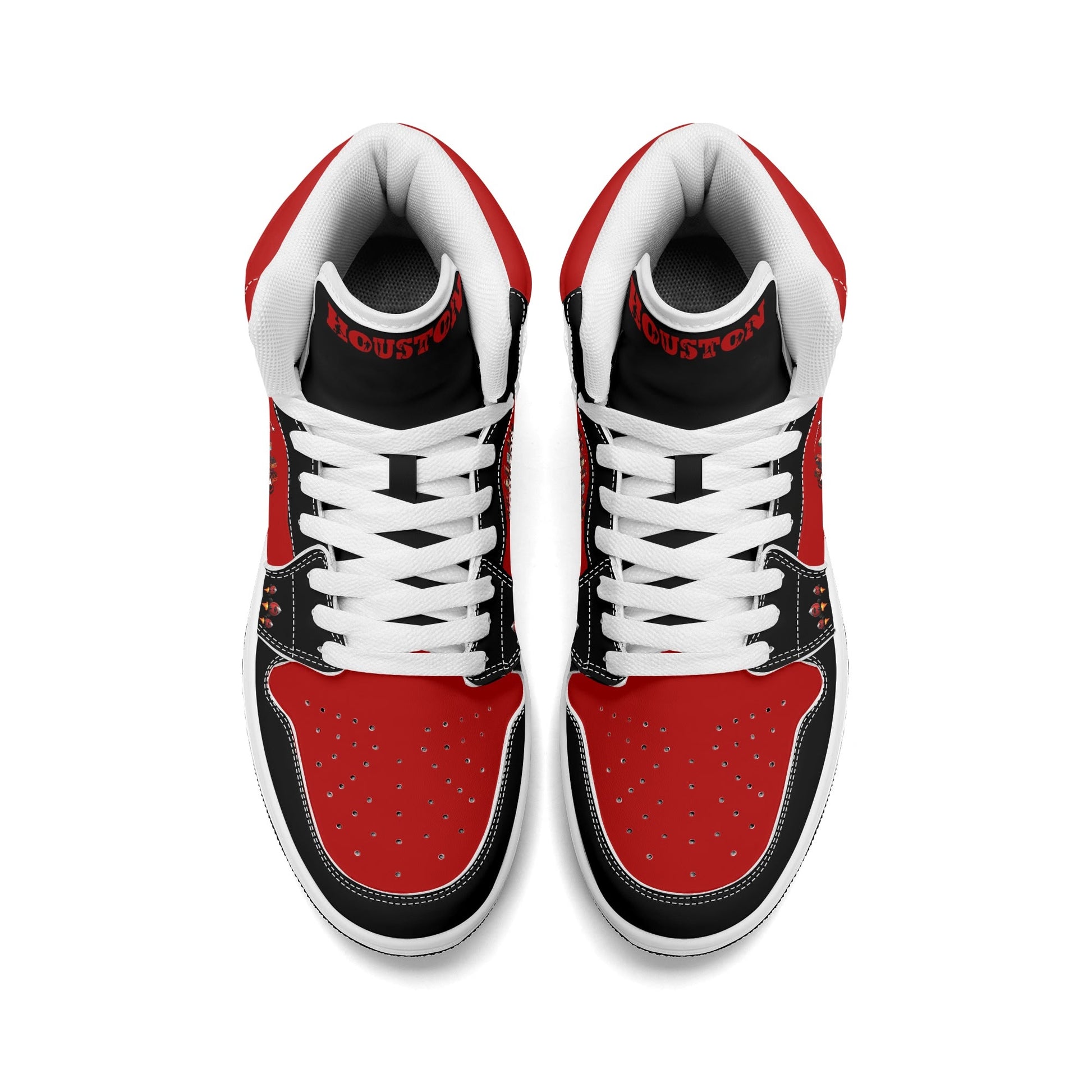 Houston basketball-inspired high top sneakers in red with all-over city graphic printed upper