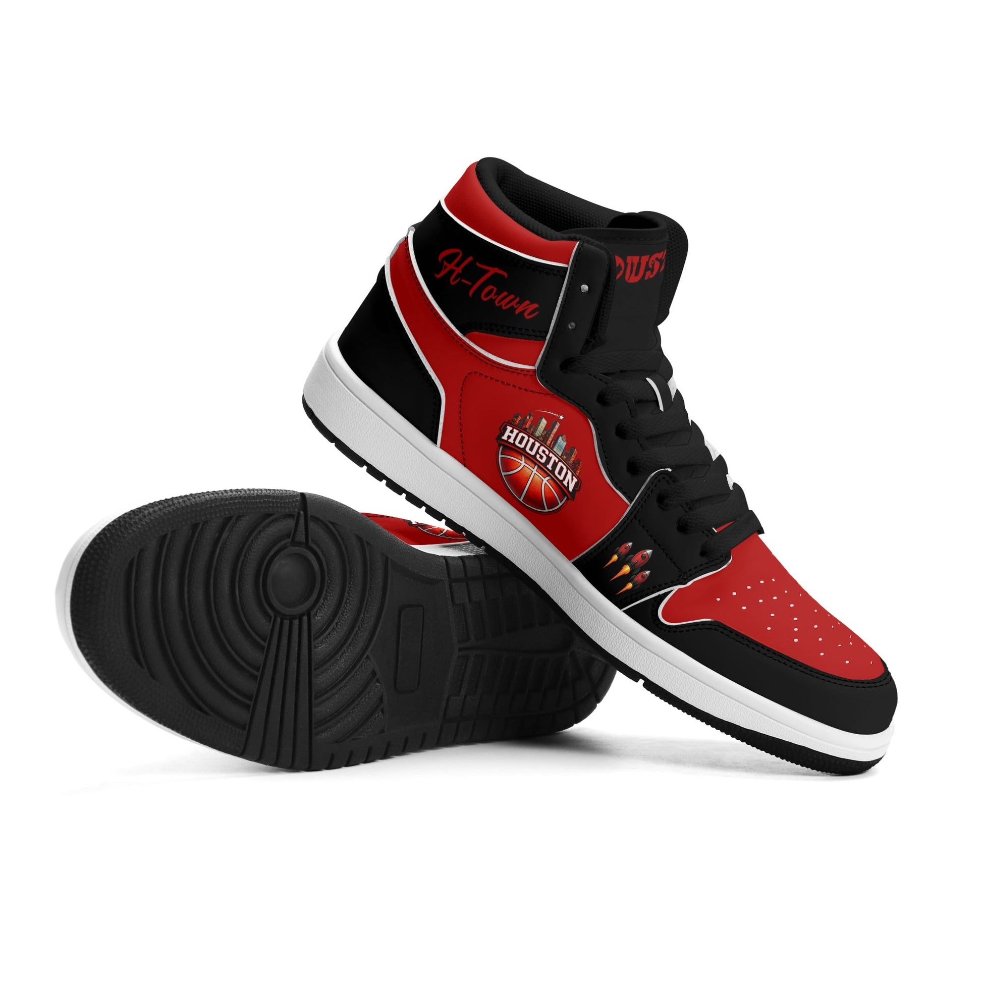 Houston basketball-inspired high top sneakers in red with all-over city graphic printed upper