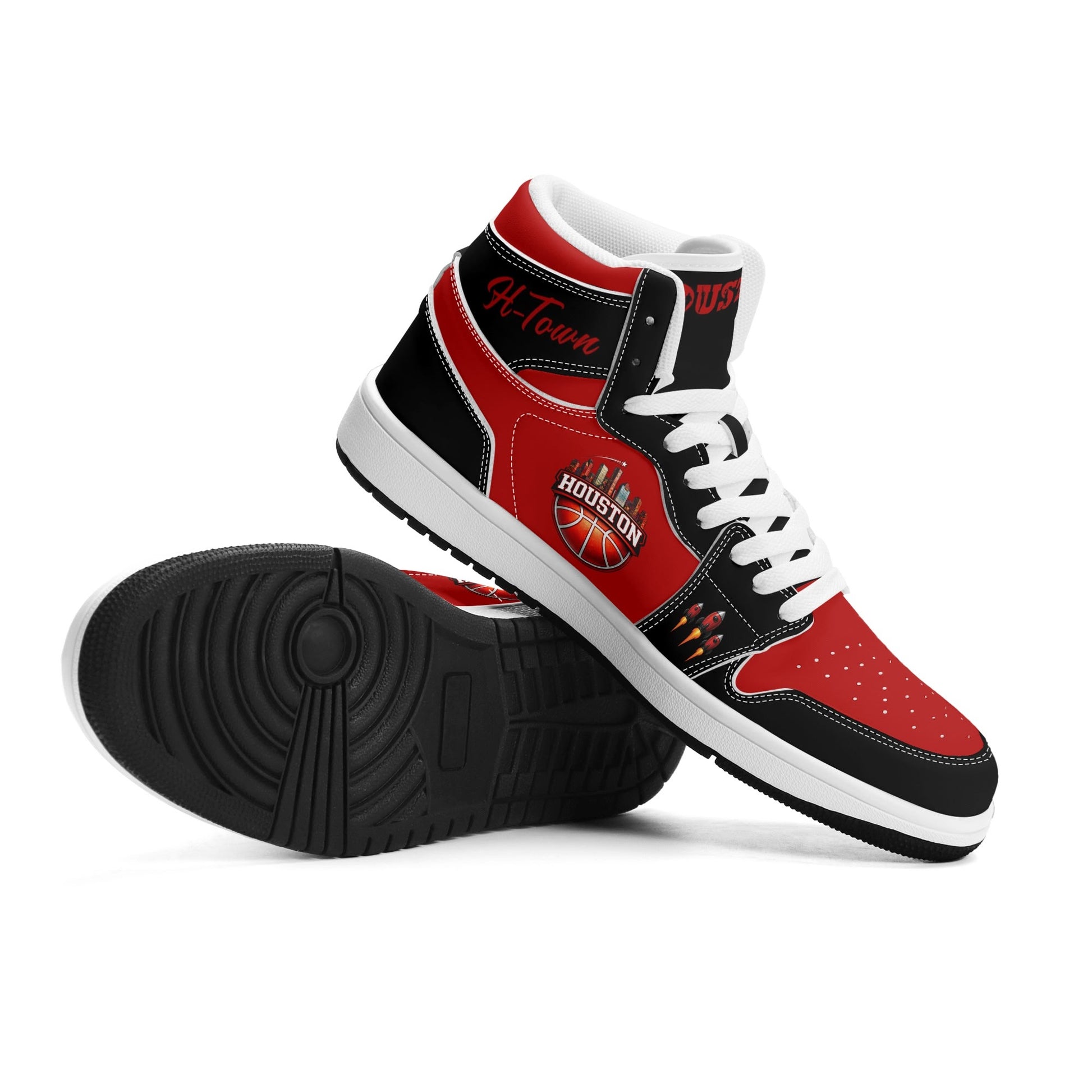 Houston basketball-inspired high top sneakers in red with all-over city graphic printed upper