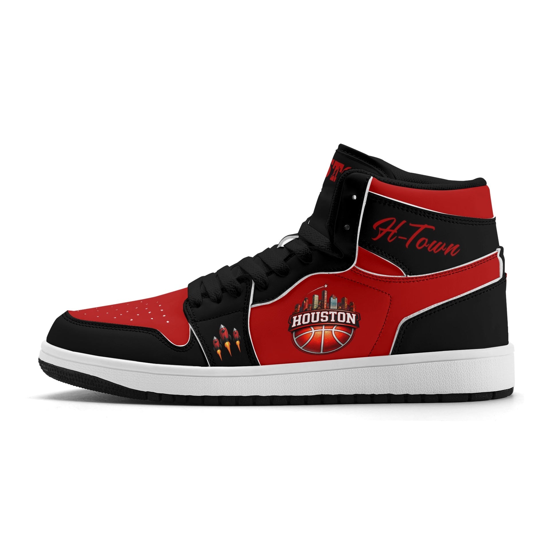 Houston basketball-inspired high top sneakers in red with all-over city graphic printed upper