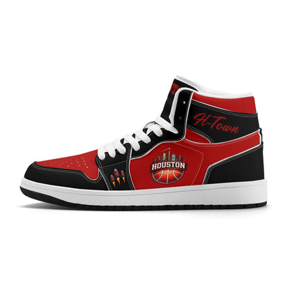 Houston basketball-inspired high top sneakers in red with all-over city graphic printed upper