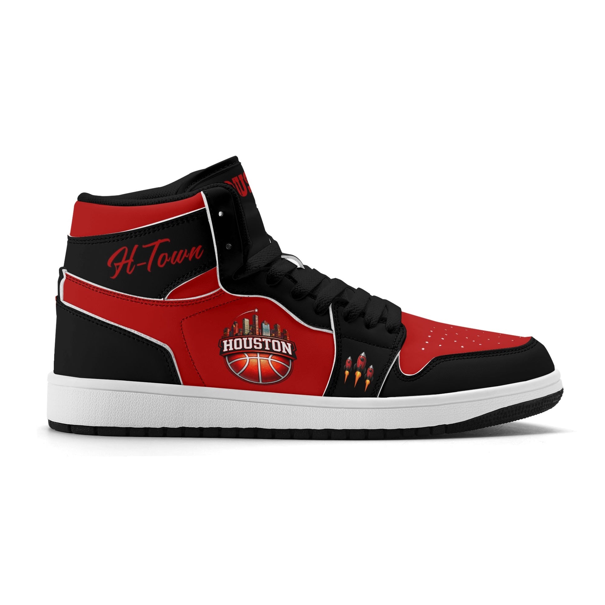 Houston basketball-inspired high top sneakers in red with all-over city graphic printed upper
